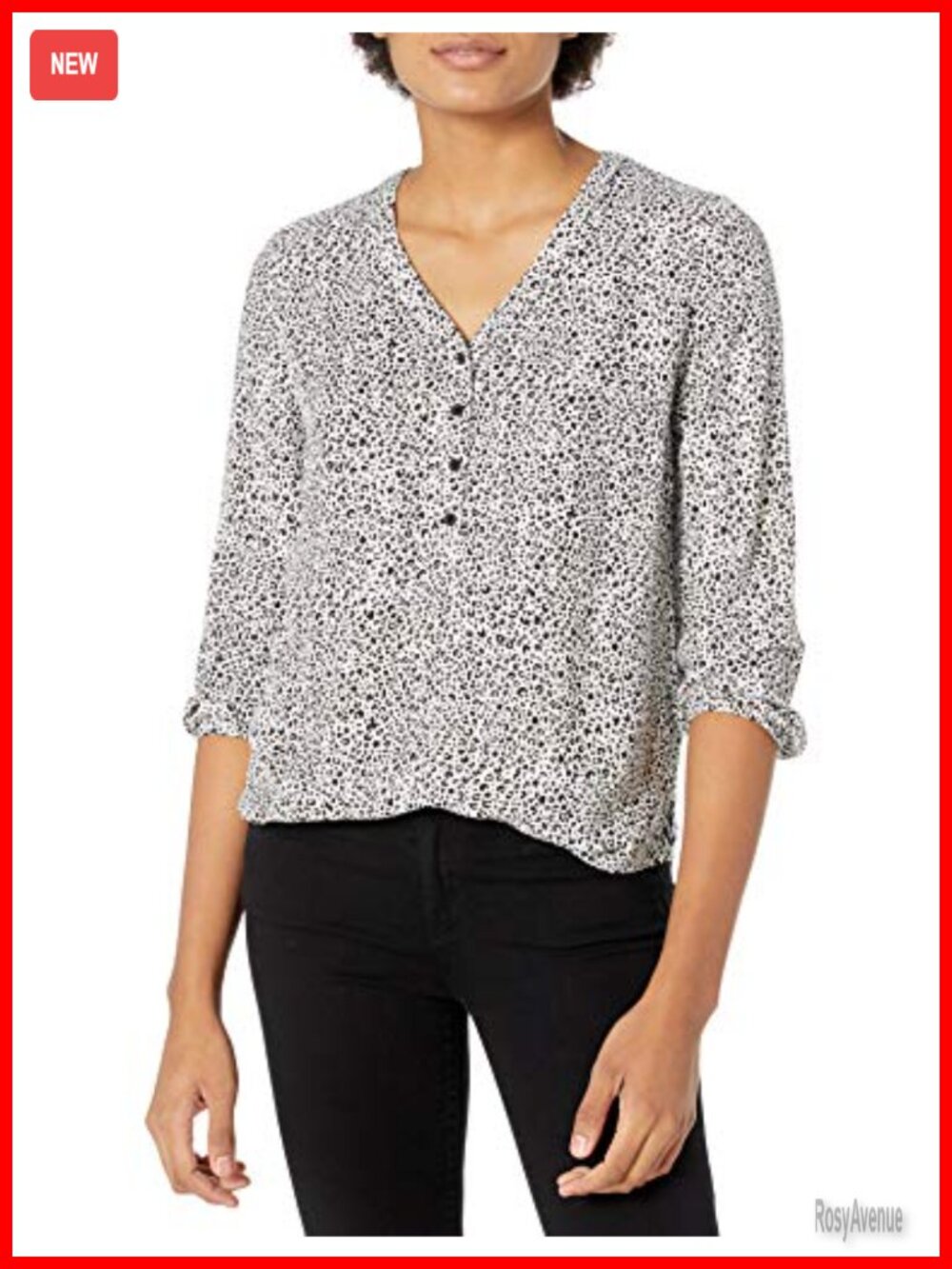 Women's 3/4 Sleeve Button Popover Shirt Loose-Fit V-Neck Blouse Lightweight